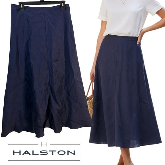 H by Halston US 12 navy blue Linen Blend midi skirt - NEW - Picture 1 of 9